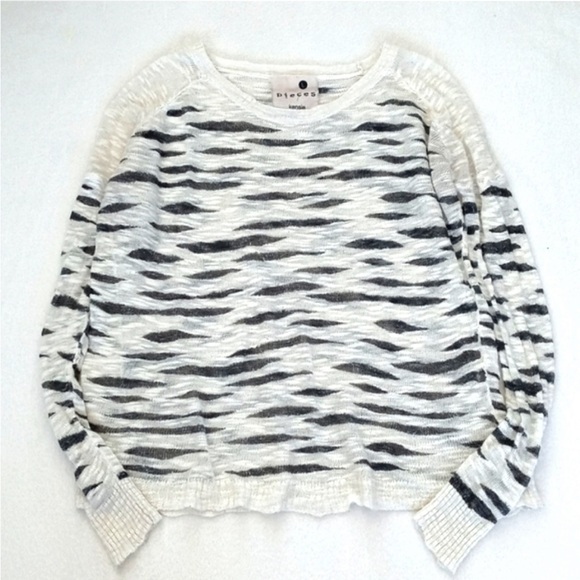 Kensie Sweaters - Kensie Cream & Dark Grey Zebra Stripe Long Sleeve Semi Sheer Sweater Top L